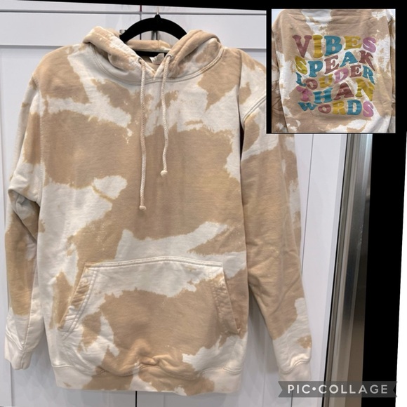 Tan & Off White/Lt Cream Tie Dye VIBES SPEAK LOUDER THAN WORDS Hoodie Sweatshirt - Picture 1 of 14